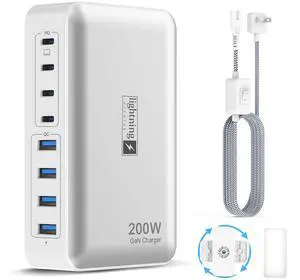 200W Charging Station for Multiple Devices, 8-Port USB C Charger Block Fast Charging, 65W Type C GaN Power Adapter for Cellphones, Tablets, Laptops, Multi Chargers USB Hub Flat Plug