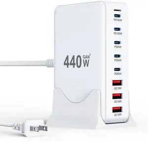USB C Charger Block 440W Charging Station Hub,8 Port GaN III Fast Charging Brick with 5ft Extension Cord,PD QC PPS 100W Laptop Power Adapter for MacBook Pro/Air,iPhone 17/16/15,Samsung Galaxy,Dell etc