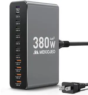 Aluminum Alloy 380W Charging Station Fast USB C Charger Block 12 Ports 65W Laptop GaN Charger for MacBook Pro/Air/iPad Pro/iPhone (Gray)