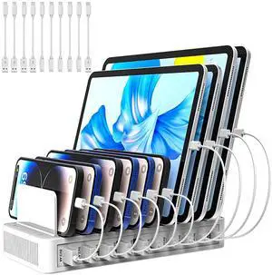 RISWOJOR Charging Station for Multiple Devices, 100W 10 Ports Flat Plug Charging Dock with 10 Cables Smart IC Tech and Adjustable Dividers Type-CMulti USB Charger for iPhone Galaxy iPad TabletWhite