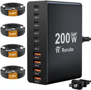 USB C Charging Station 10 Port with 4 USB Cables, 200W GaN Type C Charger Block, Wall Charger Power Strip Adapter Plug for iPad iPhone17 16 15 14 13 12 Pro Max Pixel Note Galaxy