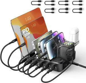 Charging Station for Multiple Devices,75W 6 Port Multi USB C Fast Charger Station with 7 Mixed Charging Cables,USB Charging Dock Compatible with iPhone, Samsung, iPad, Tablet and More