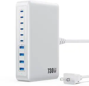 730W USB C Charger Block,10-Ports GaN V Fast Charging Station Hub,QC4.0+Three PD 100W Laptop Charger Wall Power Adapter for MacBook Pro/Air,DELL,iPhone 17/16/15,iPad,Galaxy S25,Pixel,Steam Desk etc