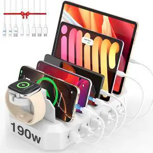 [2025 Upgrade] 190W Fast Charging Station for Multiple DevicesCertified Safer Charging 6 Port USB Charger Station - Multi-Device Charging Dock with Phone/MacBook/iPad/Tablet (8 Mix Cables Included)