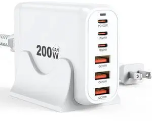 200W USB C Charger Block Multiple Ports, FEMORO GaN III USB Charging Station 6 Ports Hub, Multi Port for Laptop MacBook iPad iPhone 15 Galaxy Google Pixel Motorola Dell AirPods Switch