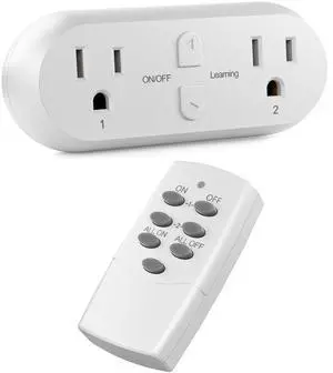 HBN Wireless Remote Control Outlet with 2 Individual Switch Control, Compact Design Sockets Plug Up to 100ft Remote Range, Battery Included, 15A/1875W, ETL Certified
