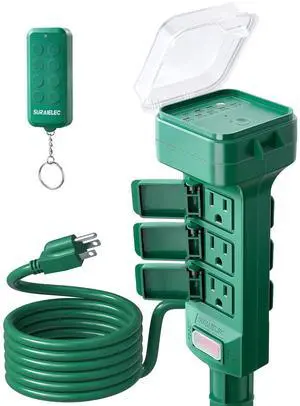SURAIELEC Outdoor Power Stake Timer Waterproof, 100FT Wireless Remote Control, Dusk to Dawn Timer, 6 Grounded Plug Outlets, 6FT Extension Cord, for Christmas Lights, Garden, Patio Lights