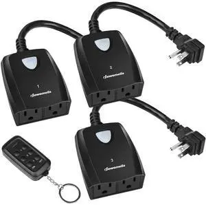 DEWENWILS Outdoor Remote Control Outlet, Weatherproof Wireless Electrical Plug in Light Switches, 7" Extension Cord,15 AMP, 100 FT Range, ETL Listed, 1 Remote 3 Outlets for Lamp/Lights/Fans