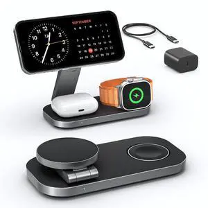 3 in 1 Wireless Charging Station for Apple Devices, Magnetic Foldable Fast Charger Stand Compatible with MagSafe for iPhone Air/17/16/15/14/13/12 Series, Apple Watch & AirPods Pro/4/3/2