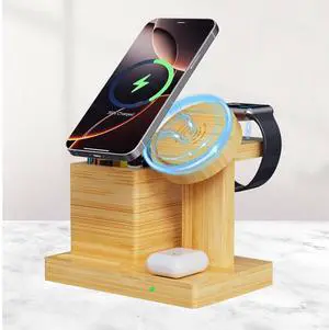 Wireless Charger Stand with Magnet- 4 in 1 Wireless Charging Station with Pen Holder, Bamboo Fast Charging Stand Compatible with iPhone 16/15/14/13/12 Pro/AirPods/Apple Watch, Presents for Men Women