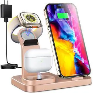 Wireless Charging Station 3 in 1 RJR Compatible with Apple Devices, Charging Dock for iWatch, Built-in Wireless Charger Stand for iPhone Series AirPods Gifts (with 18W Adapter) Rose Gold