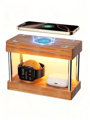 Bamboo Wireless Charging Station with Light: Bamboo Charging Station for Multiple Devices, Bedside Wireless Charger for iPhone 16/15/14/13/12/11 Pro Max|Air Pods|Watches (Brown& Nightlight)