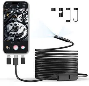 CTEOUNPT Endoscope Camera with Light, 1920P HD Borescope Inspection Camera with 8 Adjustable LEDs, IP67 Waterproof Semi-Rigid 16.4ft Snake Cable for Android, iPhone, and iPad(Dual Lens)