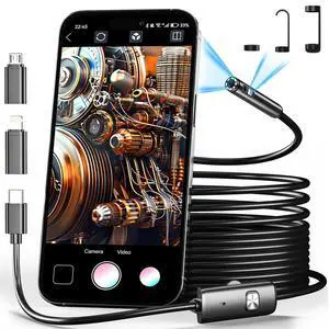 Dual Lens Endoscope Borescope Inspection Camera with 8 Adjustable LED Lights - 1980P Endoscope Camera with 16.5ft Semi Rigid Snake - IP68 Waterproof for iPhone, iPad, Android