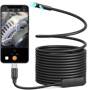 Anykit Dual Lens Endoscope Camera, Type-C Borescope with 8 Adjustable LED Lights, IP67 Waterproof 16.5ft Semi-Rigid Snake Cord Inspection Camera Compatible with Type C iPhone 15 & Android Phone