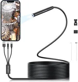 Borescope, Endoscope 3-in-1 USB HD Inspection Camera with 16.5FT Semi-Rigid Snake Cable, 8mm Waterproof IP67 Industrial Endoscope for Android, iOS and PC Borescope, Endoscope 3-in-1 USB HD Inspection Camera with 16.5FT Semi-Rigid Snake Cable, 8mm Waterproof IP67 Industrial Endoscope for Android, iOS and PC