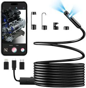 JSE Dual Lens Endoscope Camera with Light, 1920P HD Inspection Borescope 16.5FT Semi-Rigid Cable IP67 Waterproof Snake Camera