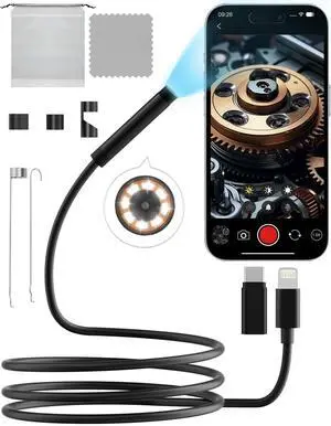 Endoscope Camera with Light 1920P HD, 6FT Semi-Rigid Snake, 8 Adjustable LED Light, 8mm IP67 Waterproof Inspection Camera for iOS