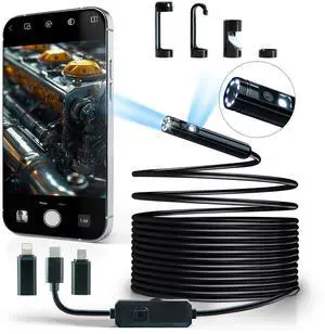 Pixaco Dual Lens Endoscope Camera with Light (1920 * 1440) Inspection Camera with 9 Adjustable LED Lights (16.5 ft) Semi Rigid Cable Borescope for iPhone, iPad, Samsung and Android Devices.