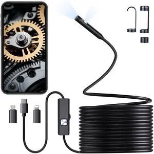 Preciva Endoscope Camera with Dual Lenses, 1920P HD Borescope Camera with 8 Adjustable LED Lights, 16.5ft Semi-Rigid for iOS and Android