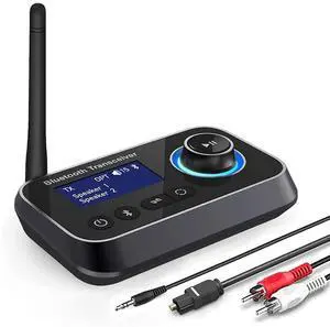 Ainostone Bluetooth 5.3 Transmitter Receiver for 2 Headphones 3-in-1 Audio Adapter with Bypass Low Latency LCD Display ON/OFF Switch Volume Control Optical AUX RCA for Headphone Speaker TV Home Stereo