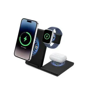 3 in 1 Foldable Wireless Charging Station for Apple Devices, 15W Fast Wireless Charger Stand for iPhone 17/16/15/14/13 /Plus/Pro/Pro Max/12/11, Apple Watch 10/9/8/7/Ultra2/Ultra/SE, AirPods 4/3/2/Pro