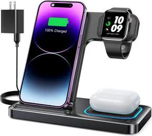DUMTERR 3 in 1 Wireless Charger for iphone 16 15 14 13 12 11 XR 8, Apple Charging Station for Apple Watch 10/9/Ultra/8/7/SE/6/5/4 & AirPods Series, Wireless Charging Station for Multiple Devices Apple