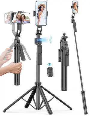 64'' Auto Face Tracking Tripod 360 Rotation with Stand, Handheld Stabilization, Aluminum Quadrapod Selfie Stick Phone Tripod with Remote Compatible with iPhone, Android for TikTok, Live Streaming