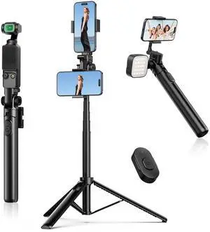 ULANZI MT-70 Extendable Tripod, 63" Selfie Stick Vlog Tripod Stand with 2 Phone Clips as Teleprompter, 360° Rotate Camera Holder for iPhone, Sony, Canon, DJI Osmo Nano, Lightweight for Travel, Black
