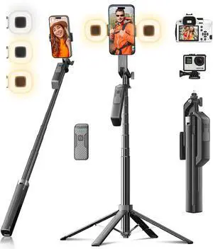 Funxee Selfie Stick Phone Tripod - 71 inch Tall Cell Phone Holder with Detachable Wireless Remote and 2 LED Lights for Recording, Video and Picture, Phone Stand for iPhone, Android, Camera & Gopro