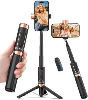 Kinwald Selfie Stick Tripod for iPhone & Android, Portable Phone Tripod Stand with Bluetooth Remote, One-Click Open, Compact & Lightweight, All-in-1 for Vlog/Travel/Photography (Black)