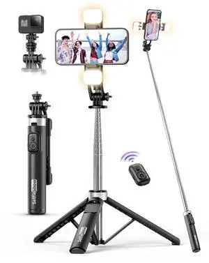 53'' Selfie Stick Tripod with Light, Extendable Selfie Stick with Remote, Portable Cell Phone Tripod Stand with All in 1 Phone Clip, Lightweight Camera Tripod Compatible with iPhone 15 14 13, Android