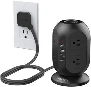 Surge Protector Power Strip Tower, TESSAN 10 ft Flat Extension Cord with Multiple Outlets, 8 AC Outlets 4 USB Ports (1 USB C), Charging Station with Surge Protection for Home Office Dorm, Black