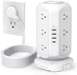 Tower Power Strip Flat Plug with 12 Outlets 4 USB(1 USB C),AOFO Surge Protector Charging Station with Overload Protection, Widely Spaced Multiple Outlets 10Ft Extension Cord for Home, Dorm,Office