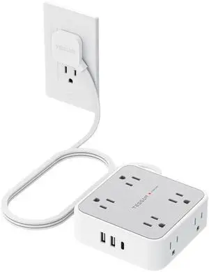 TESSAN Surge Protector Power Strip, 5 Ft Flat Plug Extension Cord with 3 USB (1 USB C) 8 Outlets, 1250W, 900J Protection, 3 Sided Outlet Extender with Power Switch for Office, Dorm Room Essentials