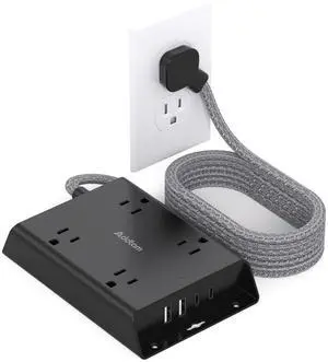 Surge Protector Power Strip, Addtam 5 ft Flat Plug Extension Cord with 4 USB Wall Charger(2 USB C Port), 4 Widely Outlets Desk Charging Station, Home Office and College Dorm Room Essentials, Black
