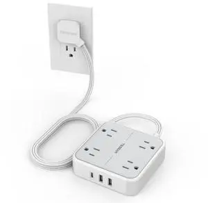 TESSAN Surge Protector Flat Extension Cord 5Ft, Flat Plug Power Strip with 4 Outlets 3 USB Ports (1 USB C), 900 Joules Protection, Multiple Wall Outlet Extender Suitable for Home Office Dorm, Grey