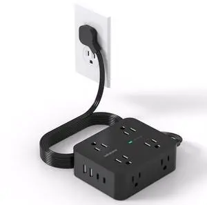 Power Strip Surge Protector, HANYCONY 5Ft Ultra Thin Flat Extension Cord with Multiple Outlets, 8 Widely Outlet Extender 4 USB Ports(2 USB C), 1080J Wall Mount for College Dorm Room Essentials Black