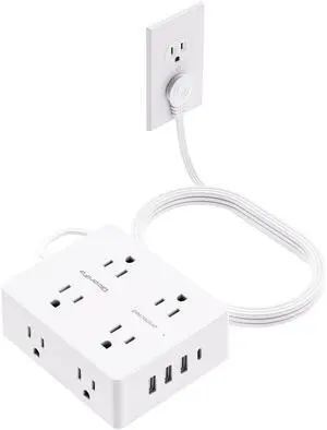 Surge Protector Power Strip 10 ft Cord, Olcorife Ultra Thin Flat Plug Extension Cord, 8 Outlets 4 USB Ports(1 USB C), Flat Plug Outlet Extender, College Dorm Room Essentials, White
