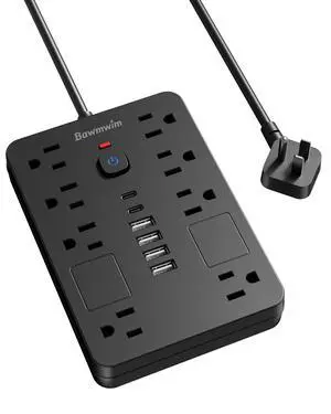 Bawmwim Surge Protector Power Strip - 8 Outlets(1850W/15A) with 6 USB Ports2 USB C, 6FT Flat Plug Extension Cord, Wall Mount Multi Plug Outlet Extender, ETL Listed for Home, Dorm Room, Black