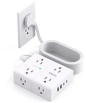 10Ft Extension Cord with Multiple Outlets, Flat Plug Surge Protector Power Strip 10 Ft Long Cord, 8 Outlets & 4 USB Ports (2 USB C), 900J Desk Charging Station for Home Office, College Dorm Essentials