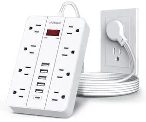 Power Strip with USB, Flat Plug Extension Cord Surge Protector 5 Ft, HUNIAN Power Strip with 8 Widely Spaced Outlets 6 USB Charger (1 USB C Port), Desk Charging Station for Home Office, White