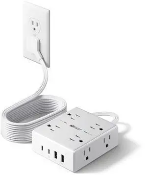 10Ft Extension Cord with Multiple Outlets, Flat Plug Surge Protector Power Strip 10 Ft Long Cord, 8 Outlets & 4 USB Ports (2 USB C), Desk Charging Station for Home Office, College Dorm Room Essentials