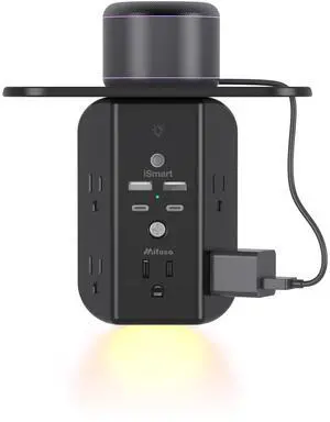 Wall Outlet Extender with Shelf and Night Light, Surge Protector, USB Wall Charger with 5 AC Outlets and 2 USB A Ports 2 USB C Ports Wide Space 3-Sided Power Strip Multi Plug Outlets, Black