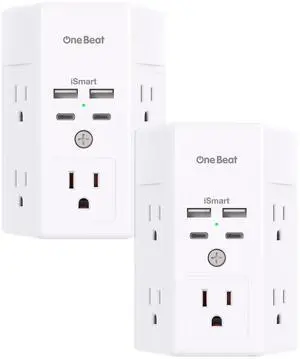 2 Pack Multi Plug Outlet, Surge Protector, 5 Outlet Extender with 4 USB Charging Ports (2 USB C), USB Wall Charger, 3-Sided 1800J Power Strip Outlets Splitter Wall Plug Adapter Spaced for Home Office
