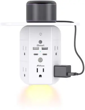 Wall Outlet Extender with Shelf and Night Light, Surge Protector, USB Wall Charger with 5 AC Outlets and 2 USB A Ports 2 USB C Ports Wide Space 3-Sided Power Strip Multi Plug Outlets