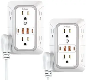 2 Pack Wall Charger, Surge Protector 6 Outlet Extender Multi Plug Wall Outlets with 4 USB Charging Ports (2 USB C Outlet) 3 Sided 1050J Power Strip Wall Adapter Spaced for Home Travel Office