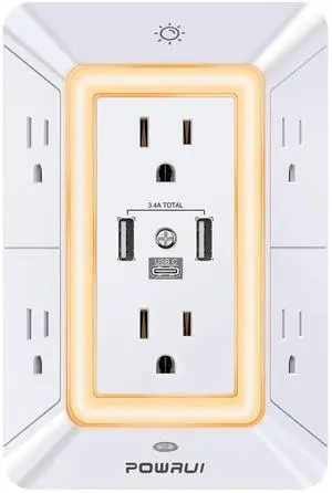 POWRUI Multi Plug 6 Outlet Surge Protector Extender with 3 USB Ports (1 USB C) and Night Light, 3-Sided Power Strip with Adapter Spaced Outlets, ETL Listed, White