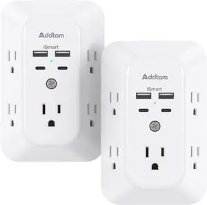 2 Pack Surge Protector Outlet Extender - Addtam 5-Outlet Splitter with 4 USB Wall Charger(2 USB-C Ports), Multi Plug Outlet Power Strip for Home, Dorm Room Essentials