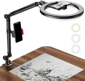 Ring Light with Stand and Phone Holder, USB 10" Ring Light for Desk, Overhead Camera Mount with Ringlight, Desk Lamp with Clamp for Photography/Makeup/Live StreamVideo/YouTube